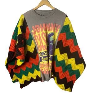 Johnny Cash T-shirt w/Custom Crochet Afghan Sleeves Festival Coachella Poncho OS